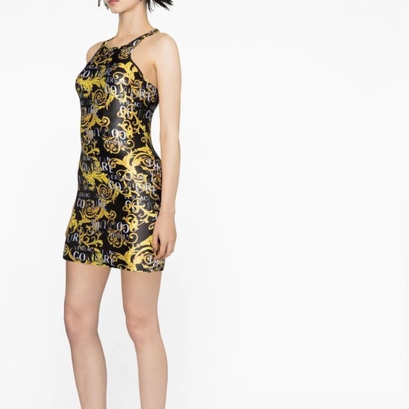 NWT VERSACE Jeans Couture WOMEN Baroque Logo Print Mini Dress Black Gold - Picture 5 of 13